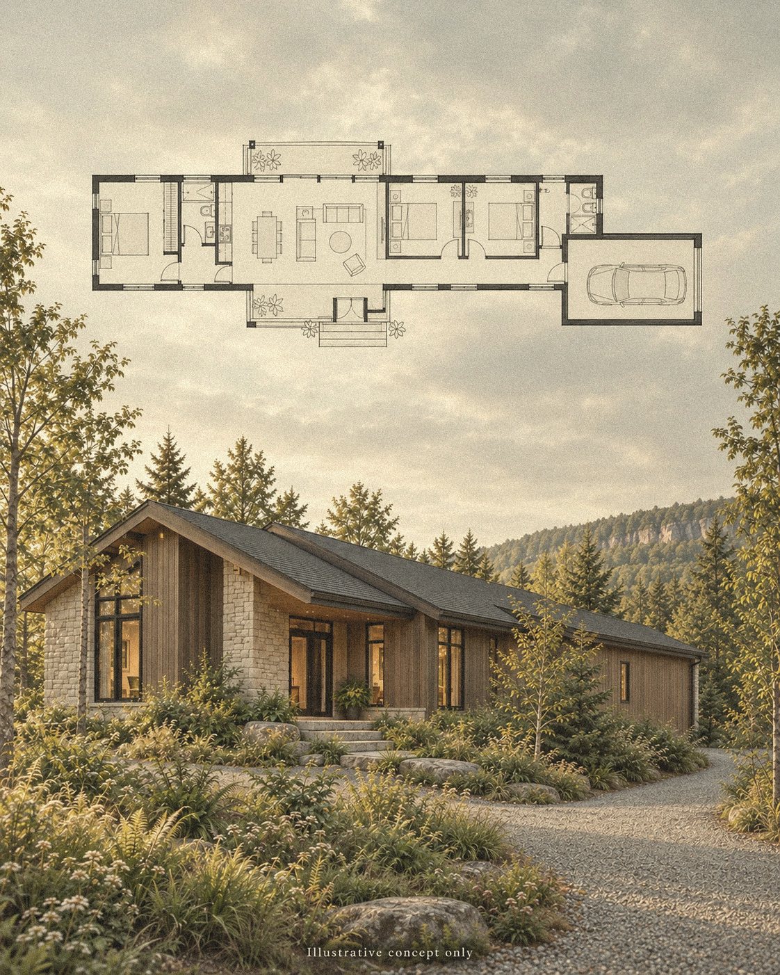 Artist's concept: single-floor plan above a stone and wood bungalow with a gravel drive